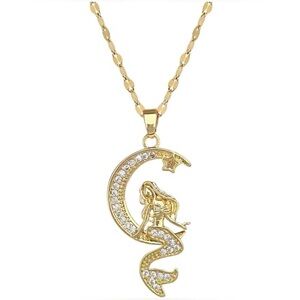 18K Gold Lunar Moon Mermaid With Pave Diamond Inlays Bohemian Nautical Necklace